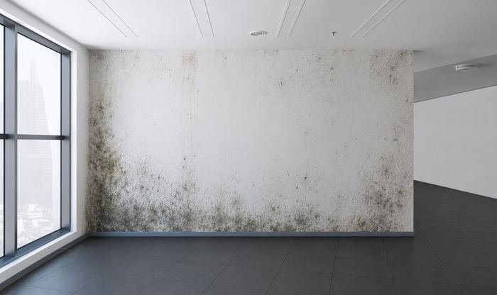 Commercial office with severe black mould on walls before remediation in Southwark London